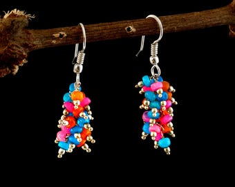 Multi-Color Beaded Cluster Dangle Earrings | Vibrant Boho- Gemstone Drop Earrings | Anniversary Gift | Handmade Jewelry | Gift for Her