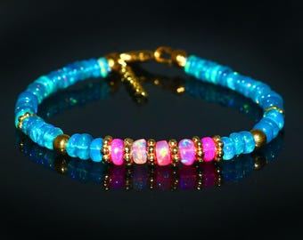 Ocean Blue with Pink Opal Beaded Bracelet | Dainty Adjustable Gold Jewelry I October Birthstone | Birthday Gift For Her