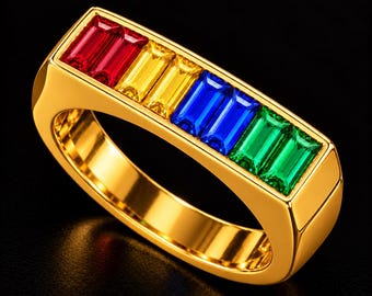 Multi Gemstone Bezel Set Ring, 18k Yellow Gold Vermeil, Rainbow Baguette Cut Stone, Ruby Sapphire Emerald Band, Birthstones Gift For Her,