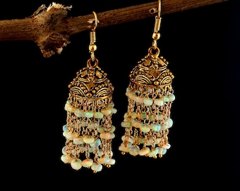 Natural Ethiopian White Opal Tassel Beads Chandelier Earrings |Vintage Style Statement Drop Gold Earring | October Birthstone | Gift For Her
