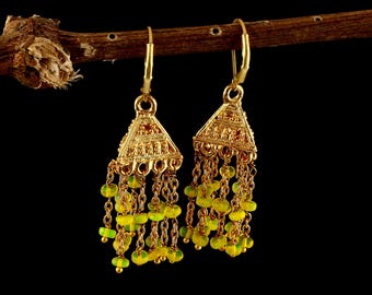 Luminous Yellow Opal Beaded Pyramid Chandelier Earrings |Natural Opal Geometric Statement Gold Drop Earring | Handmade Jewelry| Gift For Her