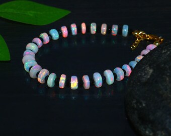 Genuine Opal Beaded Bracelet: Black Spinel Beads | Handmade 925 Sterling Silver Jewelry | Birthstone Bracelet
