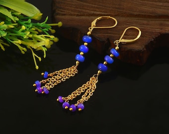 Handmade Blue Opal Fringe Earrings | Gold Chain Tassel Linear Dangles | Luminous Beaded Long Drop Jewelry | Birthday Gift for Her