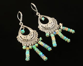 Iridescent White Opal Beaded Chandelier Drops Earrings | Handcrafted Bohemian Anniversary Jewelry Filigree Tear Style Earring | Gift For Her