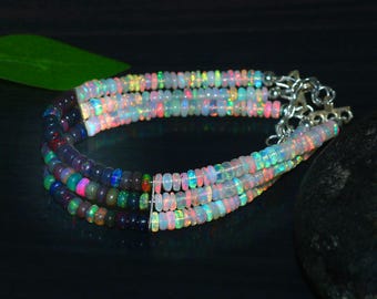 Natural Ethiopian Opal Beaded Bracelet | White & Black Smooth Beads, 3 Line Dainty Minimalist Jewelry