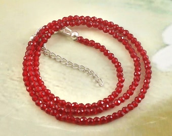 Red Ruby Beads Necklace | Micro Faceted 3mm Round Beads | 925 Sterling Silver Jewelry
