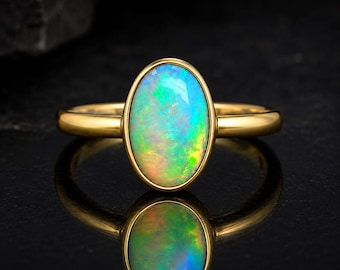 Natural Ethiopian White Opal Ring, 18K Gold Oval Opal Welo Fire, Solitaire Opal Ring for Women, Solid 925 Silver Jewelry, Gift for Her