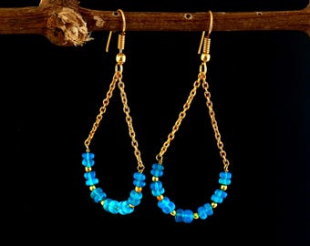 Blue Opal Beaded Chain Drop Earrings | Gold Dangle Hoop| Delicate Blue Glass Beads | October Birthstone | Handmade Jewelry | Gift For Her
