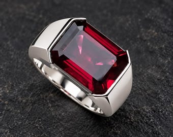 Handmade Men's Ruby Signet Ring, Emerald Cut Gemstone, Modern Sterling Silver Statement Band, Gift For Her