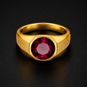 Op de afbeelding: Een gouden ring met een grote, ronde, gefacetteerde dieprode edelsteen in het midden. De ringband heeft aan beide zijden een getextureerde, ruwe afwerking die contrasteert met de gladde, gepolijste gouden zetting van de centrale steen.