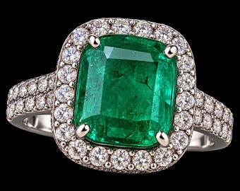 Genuine Natural Emerald Ring, 925 Sterling Silver With Moissanite Band, Cushion Cut Gemstone, May Birthstone, Best Ring For Women and Girls