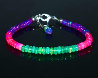 Natural Ethiopian Opal Bead Bracelet | Multi-Color Neon Opal Smooth Beads Jewelry |Adjustable 925 Sterling Silver Clasp | Gift for Women