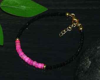 Pink Opal Beaded Bracelet: Black Spinel Beads | 18k Gold Vermeil & 925 Sterling Silver Handmade Jewelry | Gift For Her
