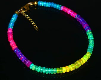 Handmade Rainbow Opal Beaded Bracelet | Vivid Multi Color Gemstone Jewelry | Gold Adjustable Chain | Anniversary Gift | Jewelry For Her