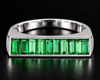 Baguette Cut Green Emerald Bar Ring, 925 Sterling Silver Channel Setting Band, May Birthstone, Handmade Jewelry, Birthday Gift