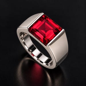 May include: A polished silver-toned metal ring featuring a large, square-cut vibrant red gemstone set securely in a tension-style mounting. The band is wide and smooth, showcasing a reflective metallic finish that contrasts with the deep red stone.