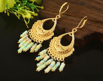 Luminous Ethiopian White Opal Multi-Strand Teardrop Earrings | Natural Gemstone Gold Filigree Cascading Dangles | Delicate Jewelry For Her