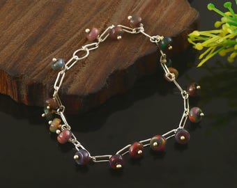 Elegant Natural Black Opal Paperclip Chain Bracelet| Iridescent Gemstone Charms Vintage Style Minimalist Jewelry |October Birthstone For Her