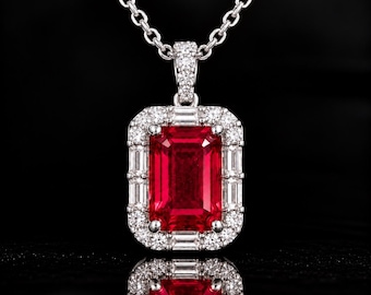 Red Ruby Pendant Necklace, 925 Sterling Silver Jewelry, Moissanite Accent With Emerald Cut Chain Necklace, July Birthstone, Anniversary Gift