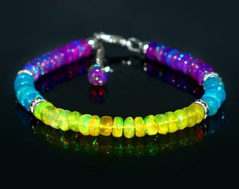 Rainbow Fire Vibrant 3-Color Ethiopian Opal Beaded Bracelet | Natural Purple, Teal Blue & Neon Yellow Gemstone Jewelry | Bracelet For Girls