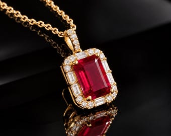 Natural Red Ruby Solitaire Chain Pendant Necklace, Emerald Cut Gemstone With Sparkling Moissanite, 18k Gold Vermeil Necklace, Birthday Gift