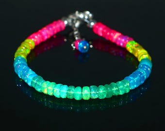 Elegant Rainbow-Color Ethiopian Opal Beads Bracelet | 925 Sterling Silver Delicate Fire Opal Gemstone October Birthstone | Gift For Women