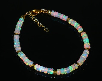 White Opal Beaded Bracelet: Dainty Gold Finish, AAA Grade | Gift For Her