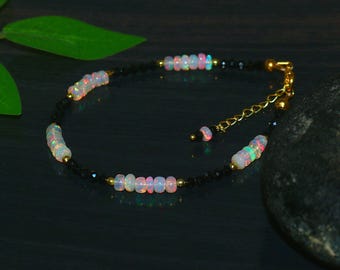 White Ethiopian Opal & Black Spinal Beads Bracelet | Handmade Gemstone    Jewelry | Birthstone Bracelet | Gift For Her