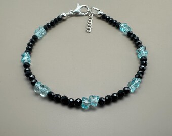 Blue Topaz Black Spinel Sterling Silver Bracelet, Dainty Gemstone Jewelry