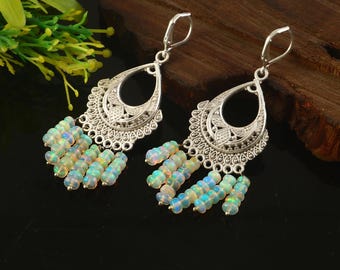 Rainbow-Fire Opal Fringe Chandelier Earrings |Silver Filigree Teardrop Dangles| Vintage Style Jewelry Multi Strand Gemstone | Gift For Women