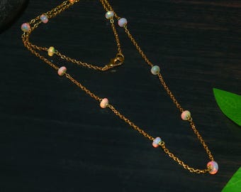 Elegant Opal Chain Necklace | Dainty Opal Beads | Minimalist Gold Finish Jewelry | Gift for Her |
