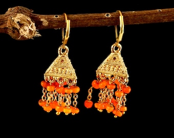 Vibrant Orange Opal Dangler Pyramid Chandelier Earrings |Natural Gemstone Artisan Cone Dangler Earring| Vintage Style Jewelry | Gift For Her