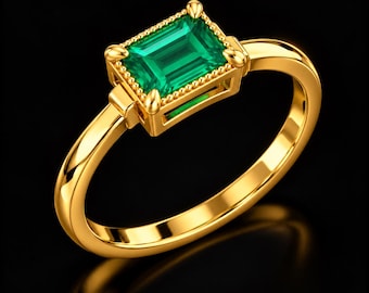 Handmade Natural Emerald Ring, 18K Gold Vermeil Ring, Rectangle Cut Gemstone, Dainty Statement Ring, May Birthstone Gift, Ring For Girls