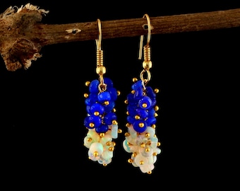 Royal Blue and Fiery White Opal Earrings | Handcrafted Gold Wire Wrapped Cluster Earring | October Birthstone | Gift For Women | 925 Silver