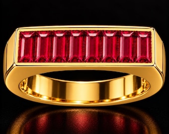 Vibrant Red Ruby Baguette Ring, Emerald Cut 8 Gemstone, Bold 18k Gold Vermeil 925 Silver Band, Handmade Jewelry, Anniversary Gift