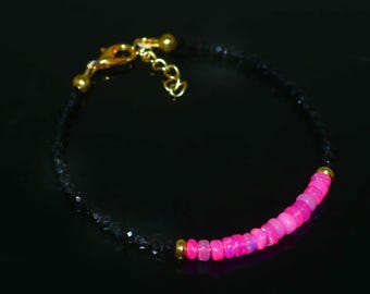 Pink Opal Beaded Bracelet: Black Spinel Beads | 18k Gold Vermeil & 925 Sterling Silver Handmade Jewelry | Gift For Her