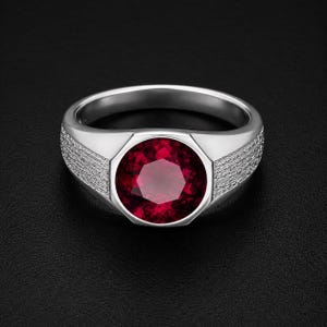Puede incluir: Un anillo de tono plateado con una gran piedra preciosa redonda de color rojo intenso engastada en el centro. La banda del anillo tiene un acabado de metal cepillado texturizado en ambos lados, contrastando con el metal liso y pulido.