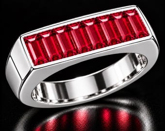 Elegant Red Ruby Solitaire Channel Ring, 925 Sterling Silver Band, Baguette Cut Gemstone, July Birthstone, Handmade Luxury Gift