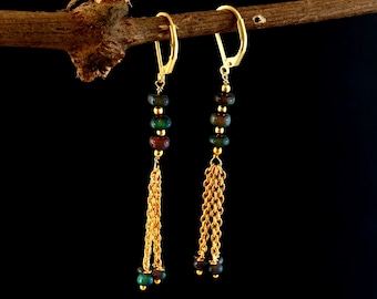 Ethiopian Black Opal Long Chain Dangle Earrings | Natural Gemstone Tassel Drop | 18k Gold Vermeil  Handmade Fire Opal Jewelry | Gift For Her