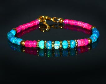 Magenta Pink Cyan Blue Opal Beaded Bracelet | Boho -Chic Opal Natural Gemstone | Handmade Gold Jewelry | October Birthstone | Gift For Her