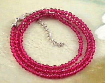 Pink Ruby Necklace for Women | Micro Faceted Round Beads Gemstone  |  925 Sterling Silver Jewelry