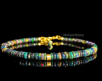 Black Ethiopian Opal Bracelet, Fire Opal Smooth Beads Bracelet, Opal Jewelry, Opal Beads Bracelet Gift For her