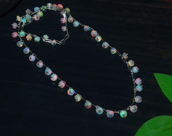 Genuine Opal Beads Chain Necklace | AAA Iridescent Multi-Fire Gemstone Jewelry for Women and Girls, Handmade Gemstone Jewelry, Birthday Gift