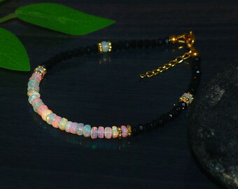 Ethiopian Opal and Black Spinel Beaded Bracelet | Birthstone Bracelet | Handmade Jewelry | Gift Bracelet