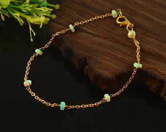 Delicate White Opal Gold Chain Bracelet | Minimalist Shimmering White Opal Bracelet | Artisan Handcrafted Luminous Jewelry | Gift For Women
