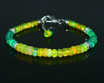 Natural Lime Green & Yellow Opal Bracelet In 925 Sterling Silver, Alternating Segment Opal Stacking Bracelet, Handmade Jewelry, Gift For Her