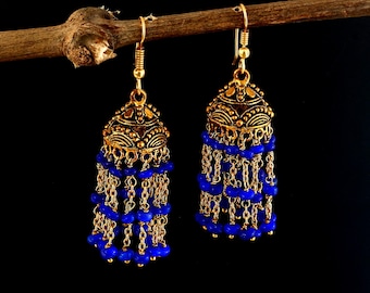 Artisan Multi-Strand Blue Opal Dangler Earrings | Antique Gold Plated Dome Chandelier Earrings | Cobalt Blue Beaded Tassels | Gift for Her