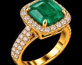 Zambian Emerald Halo Ring, Cushion Cut Stone With Moissanite Accent, Handmade 22k Gold Vermeil Band, Anniversary Gift, Beautiful Girls Ring