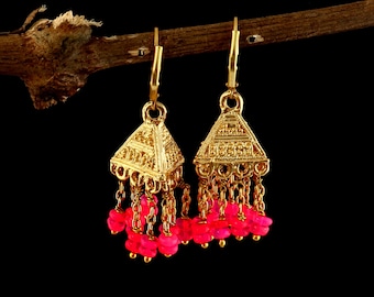Fuchsia Natural Pink Opal Pyramid Chandelier Earrings | Geometric Statement Drop Gold Earring | Dainty Birthstone Jewelry | Gift For Her