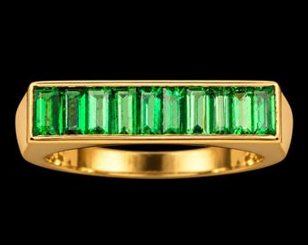 Natural Green Emerald Statement Ring, Baguette-Cut Gemstone, Channel Setting With 18k Gold Vermeil, Handmade Jewelry, Gift For Her